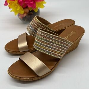 Toscanella Gold Multicolor Slip On Wedge Sandal Size 10 MCW7284D